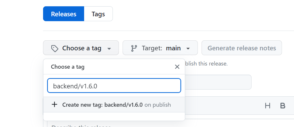 GitHub画面でbackend/v1.6.0のタグを作成する