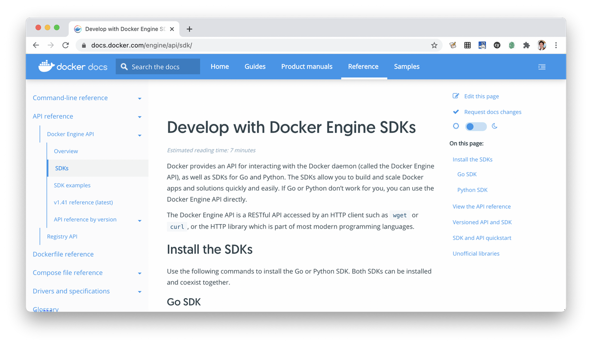 Docker Engine SDKsページのキャプチャ