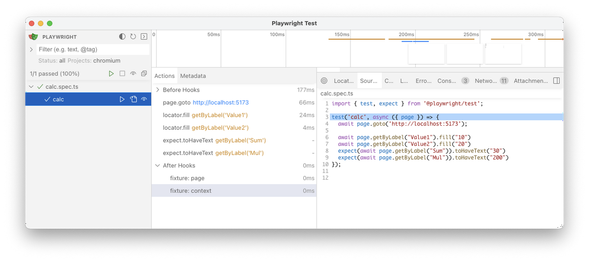 test('calc', async ({ page }) => { にハイライトがあたったPlaywright画面