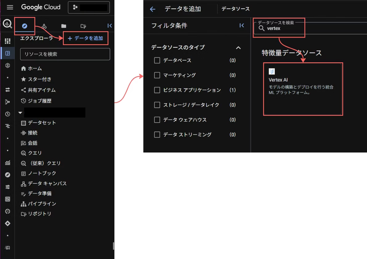 データ追加を選択してVertexAIのデータソースを選択
