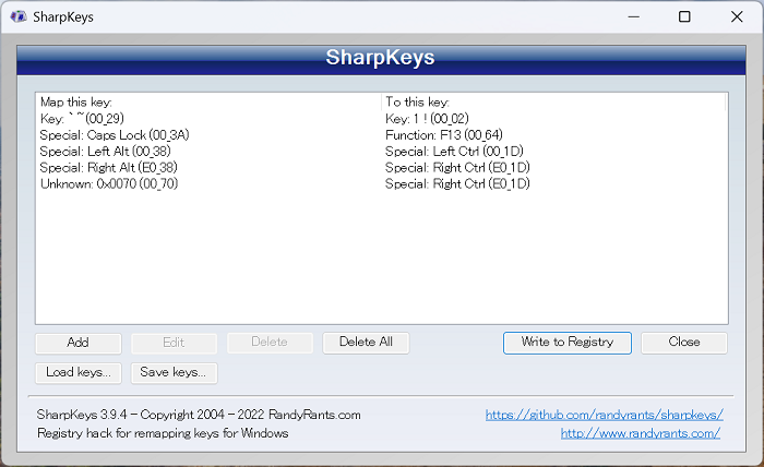 SharpKeysメイン画面に5項目のリマップを設定した状態